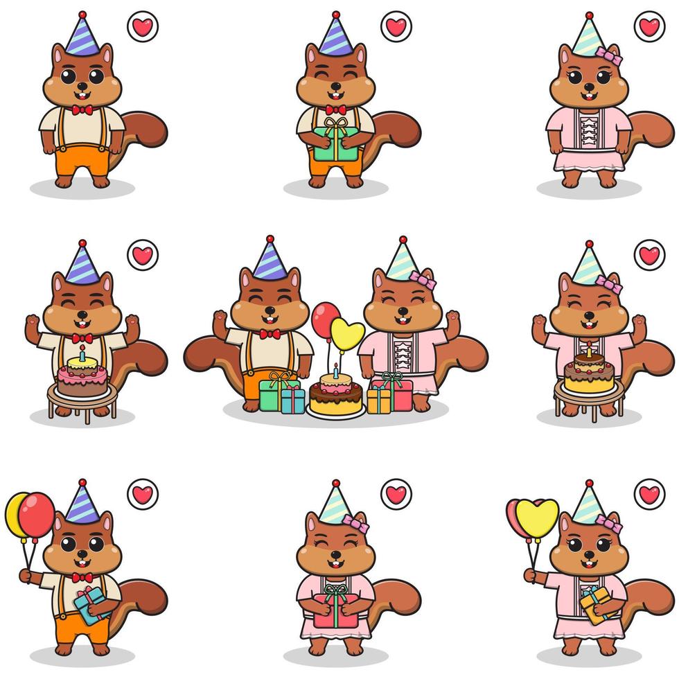 Vector of Cute Squirrel in Birthday Party. Set of cute little Squirrel characters. Collection of funny Squirrel isolated on a white background.