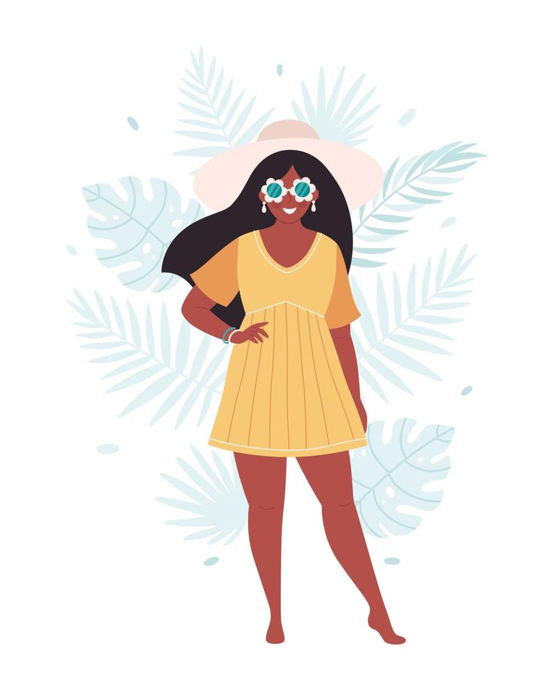 mujer negra con sombrero y gafas retro sobre fondo de hojas tropicales. Hola Verano vector