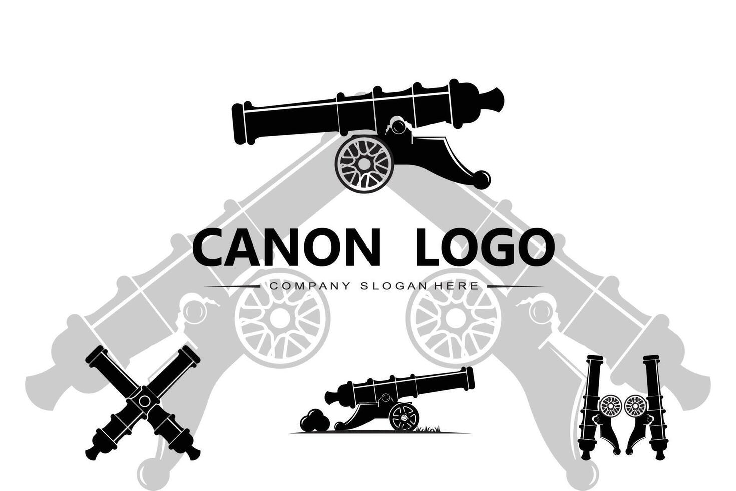 icono de vector de logotipo de cañón, arma de guerra del ejército, bomba, dispositivo explosivo, guardia real, vintage retro