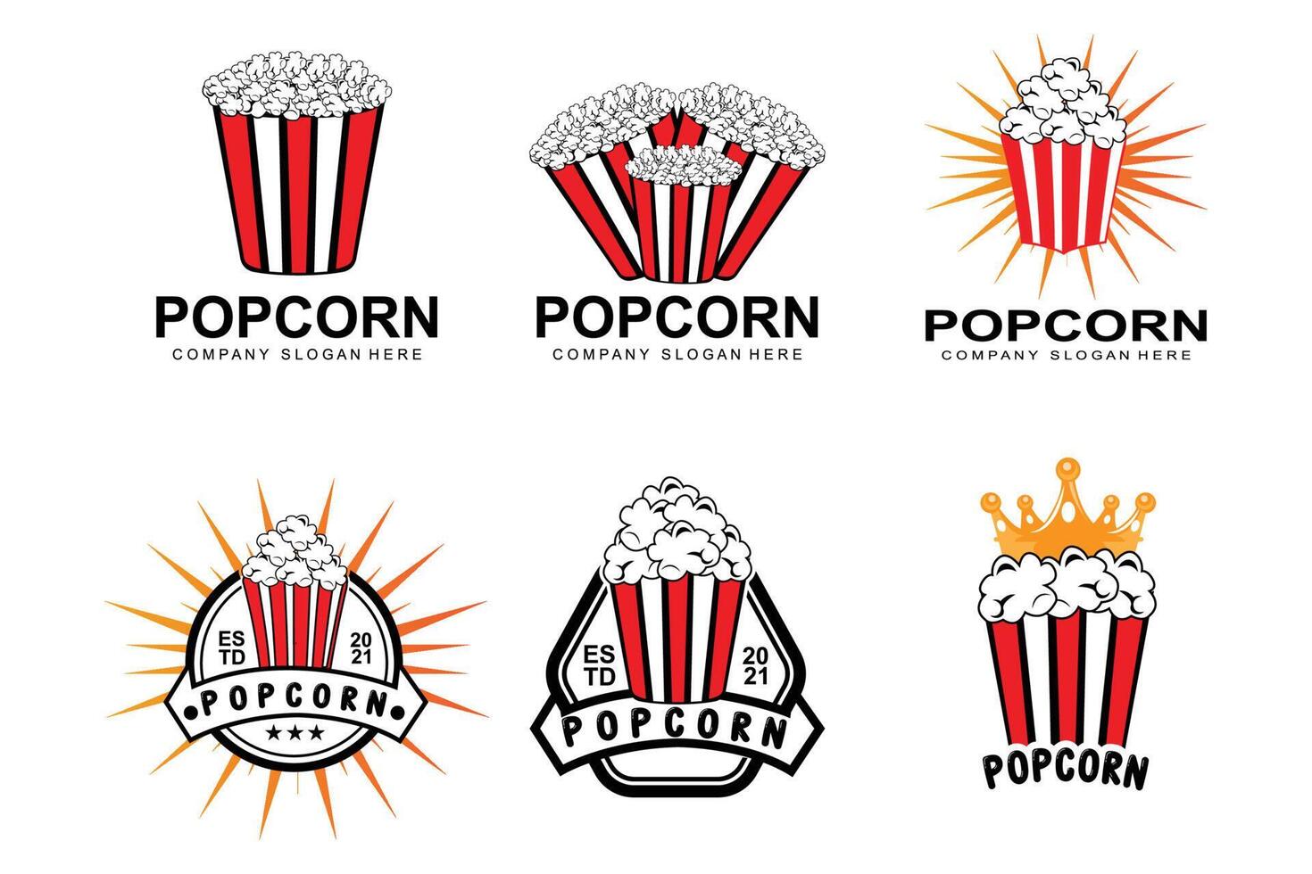 vector de icono de logotipo de palomitas de maíz, explosión, bocadillos de cine, ilustración de concepto