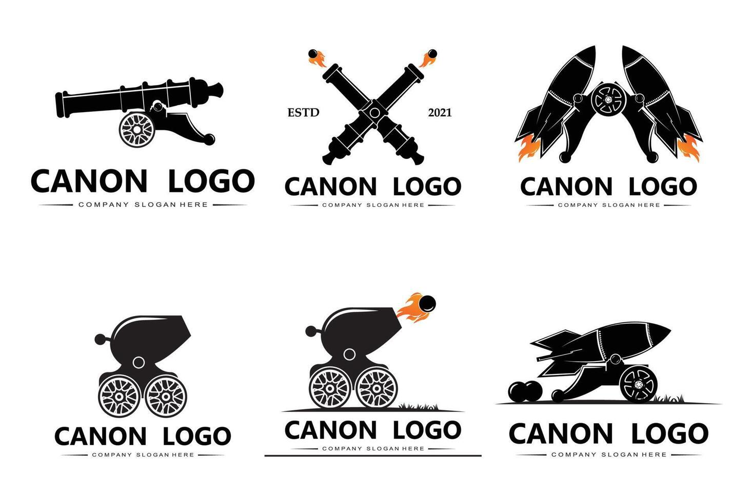 cannon logo vector icon, army war weapon, bomb, explosive device, royal guard, retro vintage