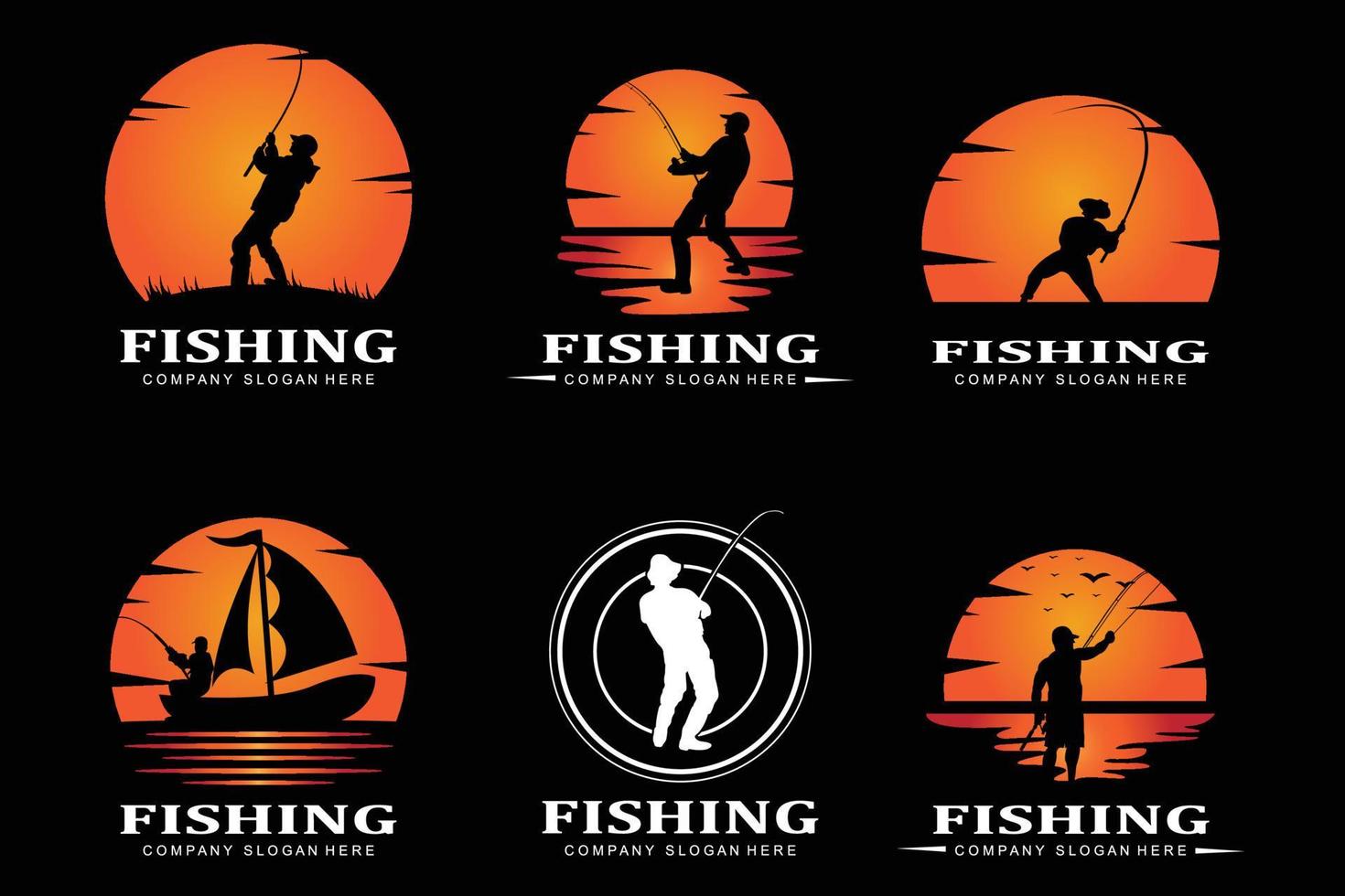 fishing logo icon vector, catch fish on the boat, outdoor sunset silhouette design vector