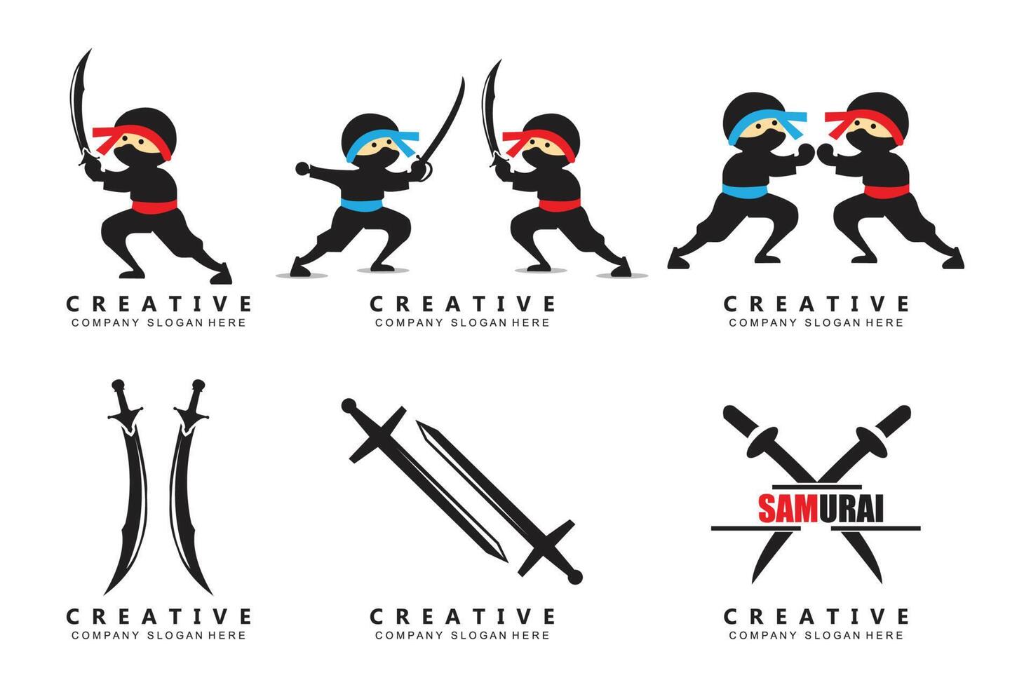 diseño de logotipo ninja espada samurai, ilustración de dibujos animados y armas de guerra vector