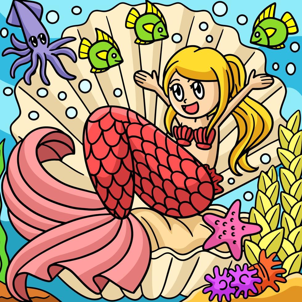 Mermaid Sitting in a Giant Shell Colored Cartoon vector