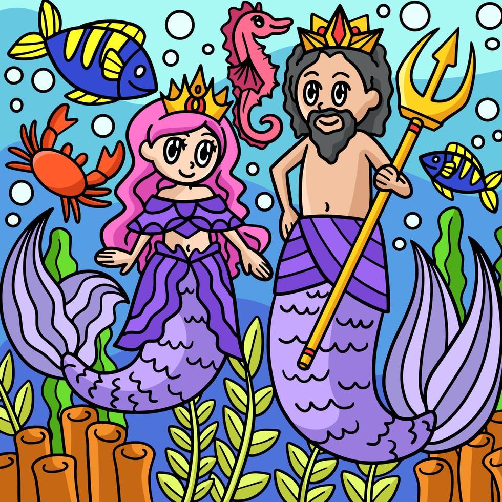 princesa sirena y rey tritón dibujos animados de colores vector