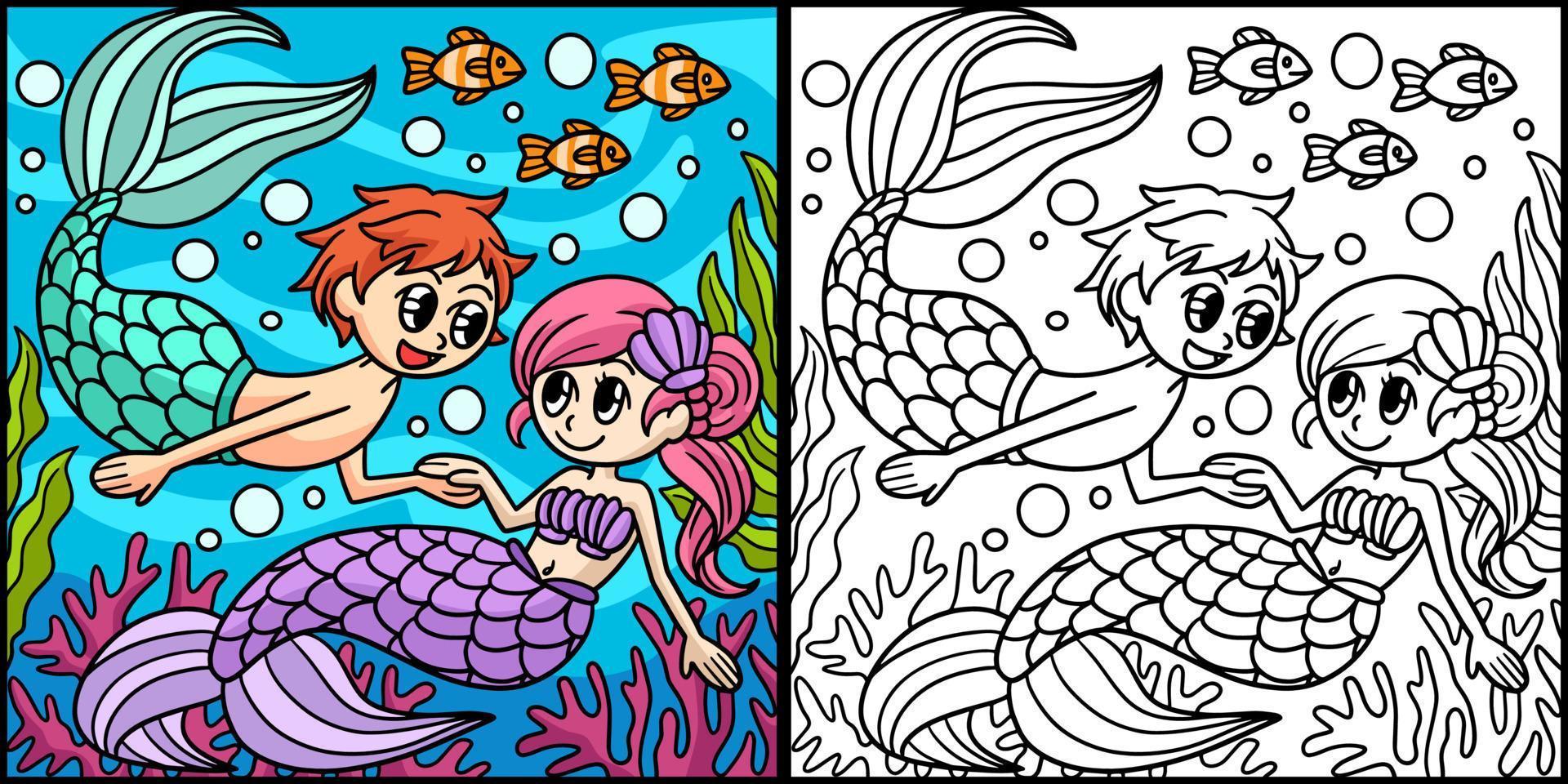 Mermaid And Merman Coloring Page Colored vector
