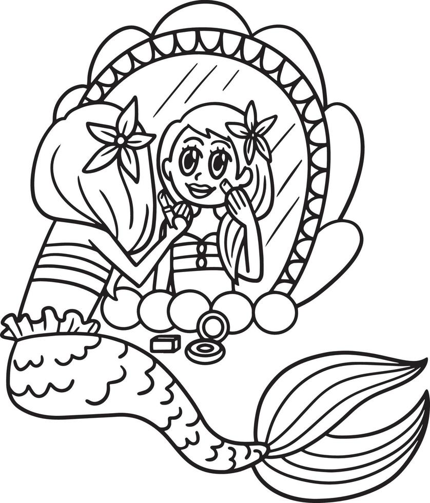 Mermaid In Front of a Mirror Isolated Coloring vector