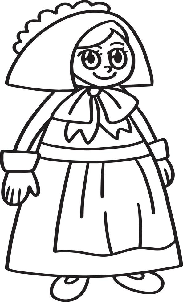 Thanksgiving Pilgrim Girl Isolated Coloring Page vector