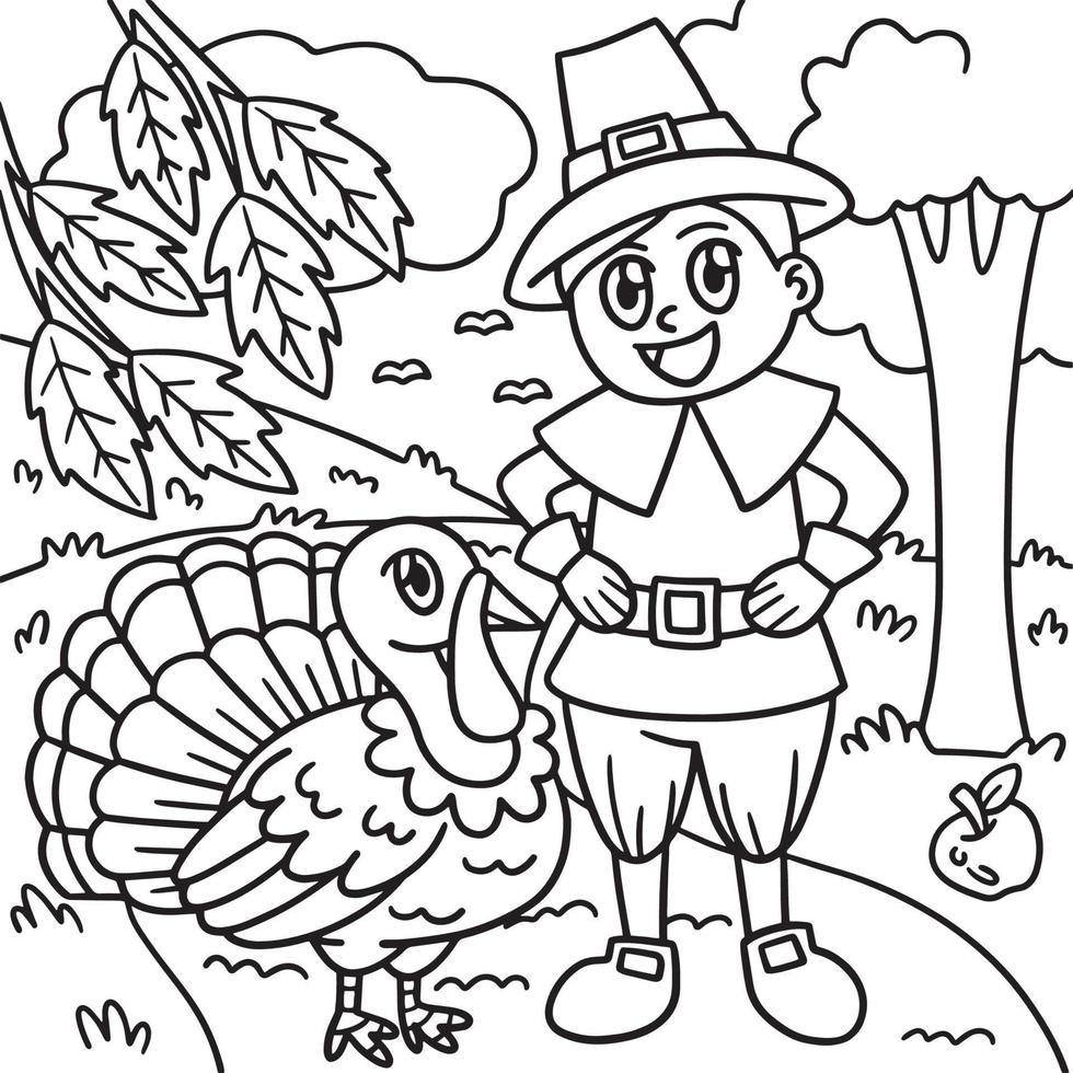 Thanksgiving Pilgrim Boy And Turkey Coloring Page vector