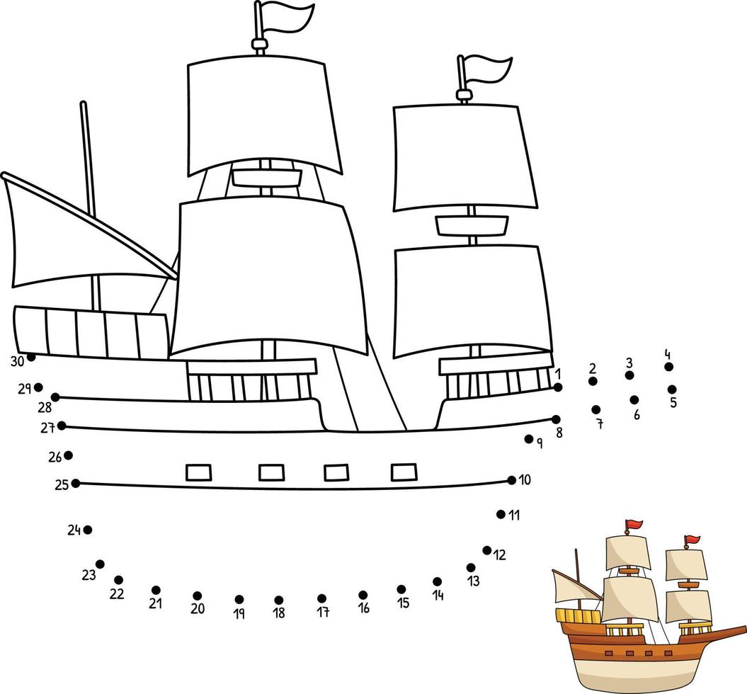 Dot to Dot Thanksgiving Pilgrim Boat Coloring vector