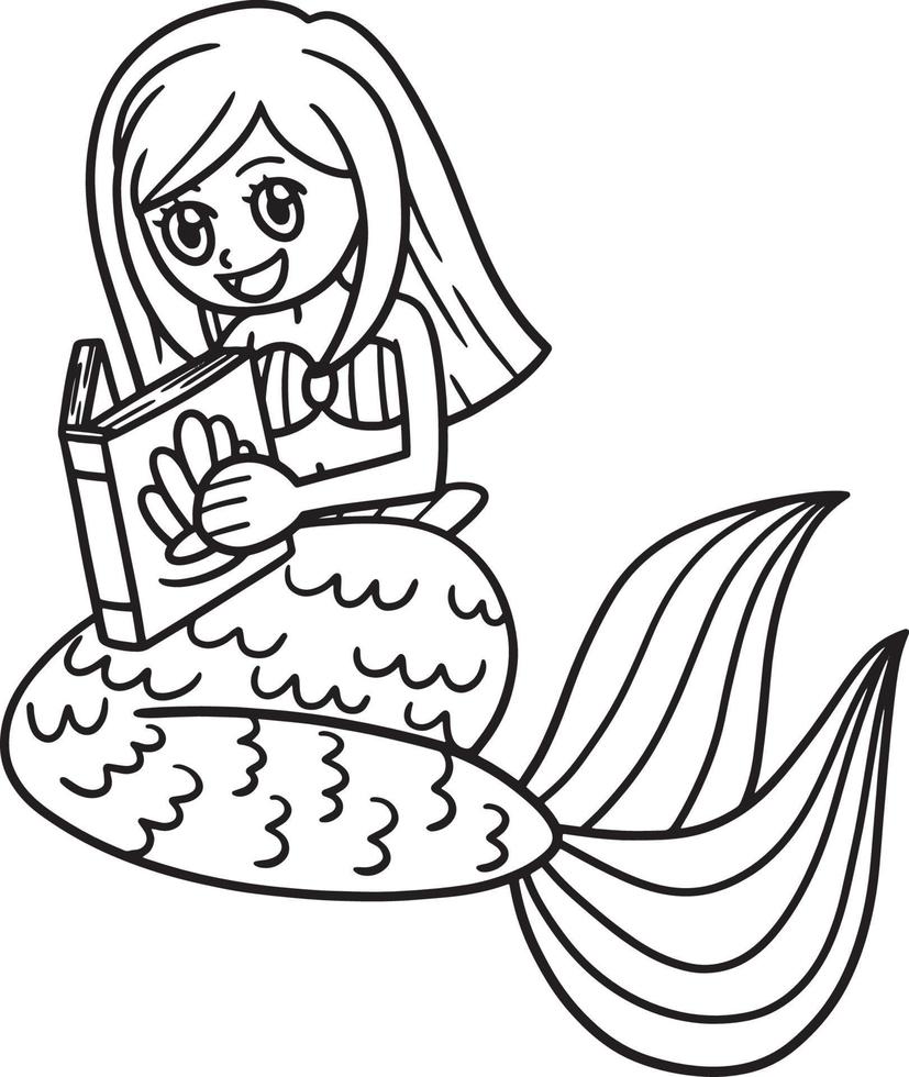 sirena leyendo un libro aislado página para colorear vector