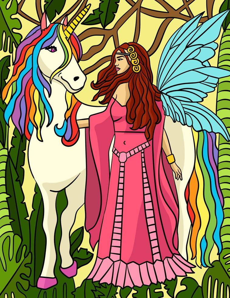 ilustración de dibujos animados de color unicornio y hada vector