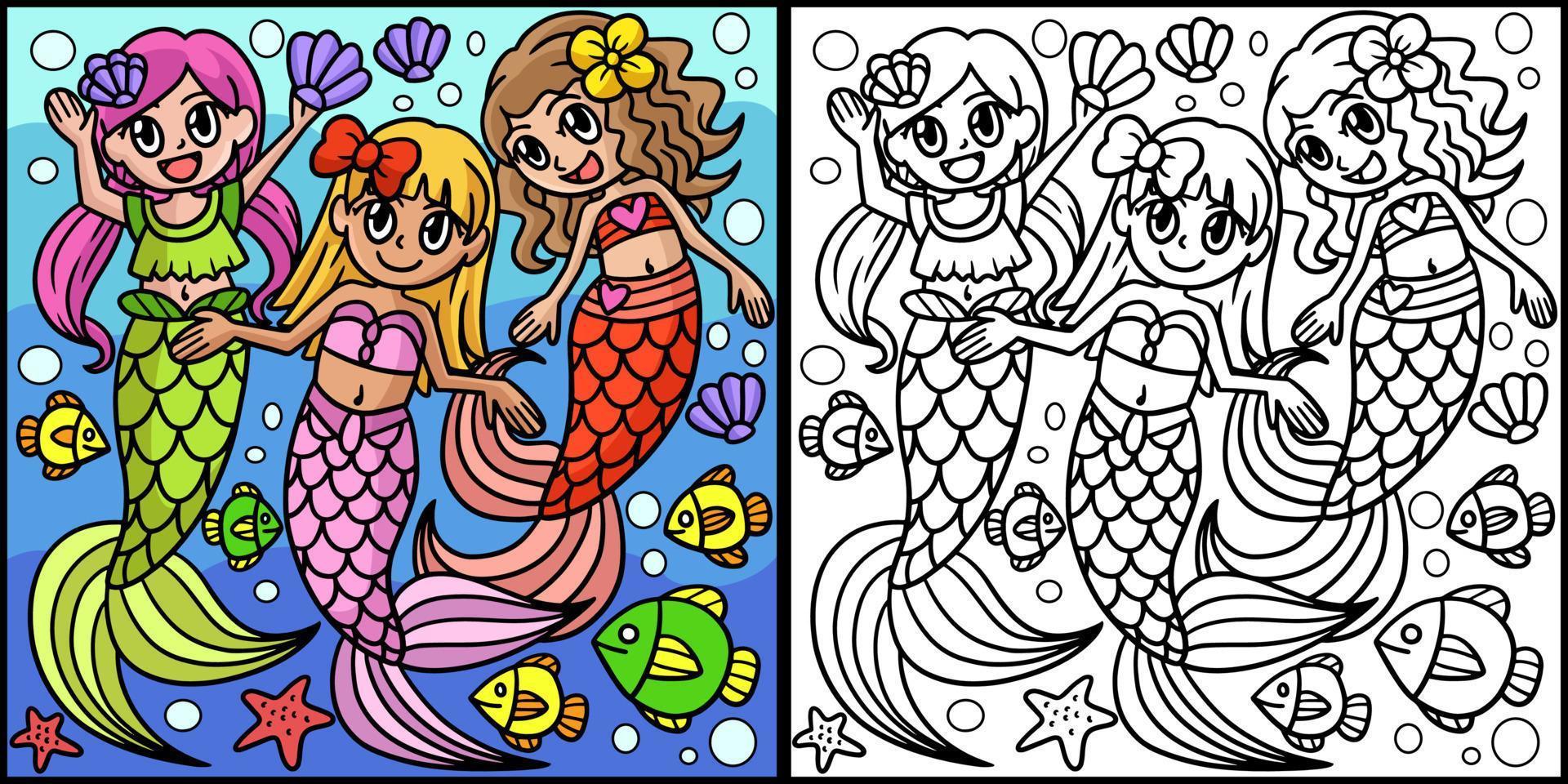sirena con amigos ilustración coloreada vector