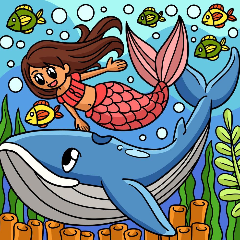 Mermaid With Whale Colored Cartoon Illustration vector