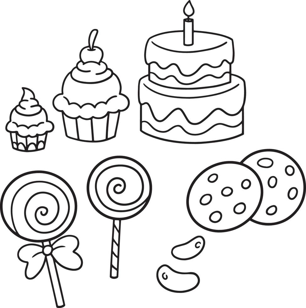 Candies Cake Cookies Isolated Coloring Page vector