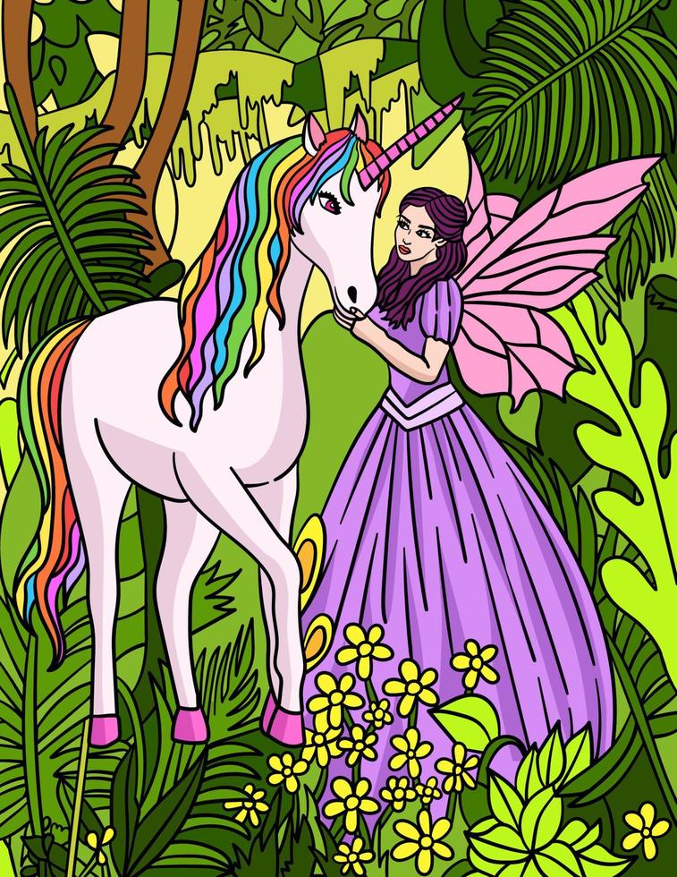 hada acariciando unicornio coloreado ilustración de dibujos animados vector