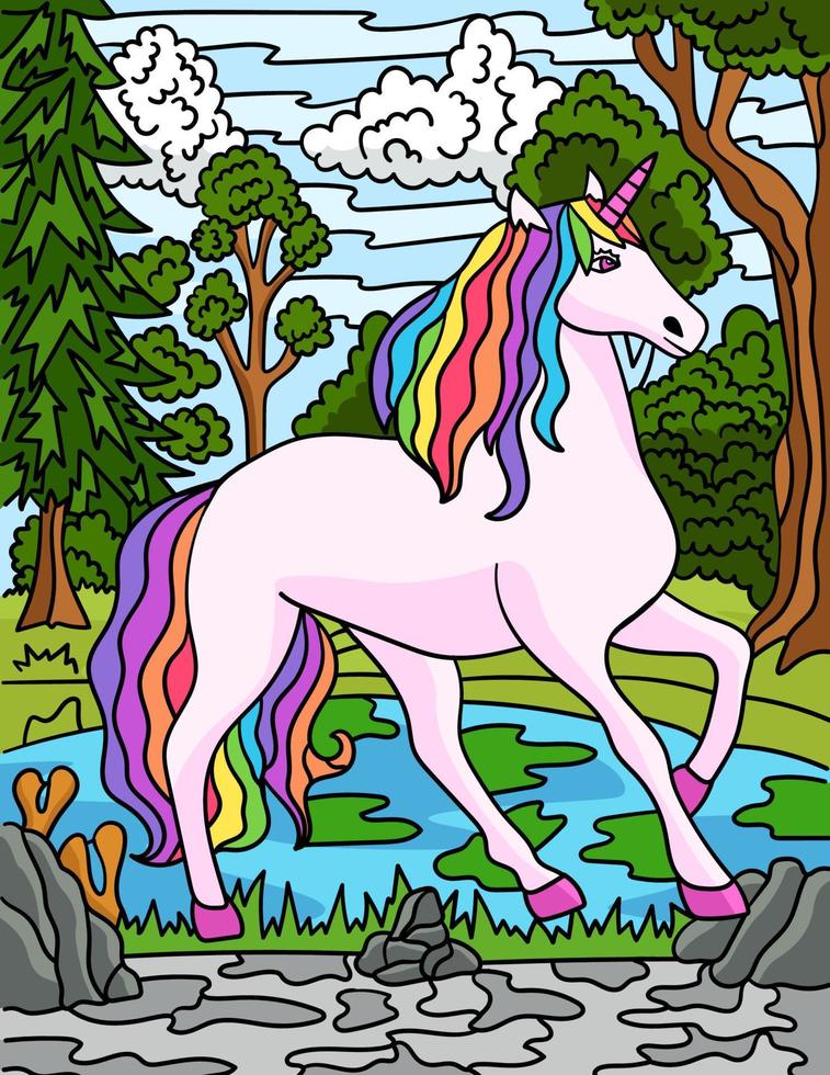 unicornio en la ilustración de dibujos animados de color bosque vector
