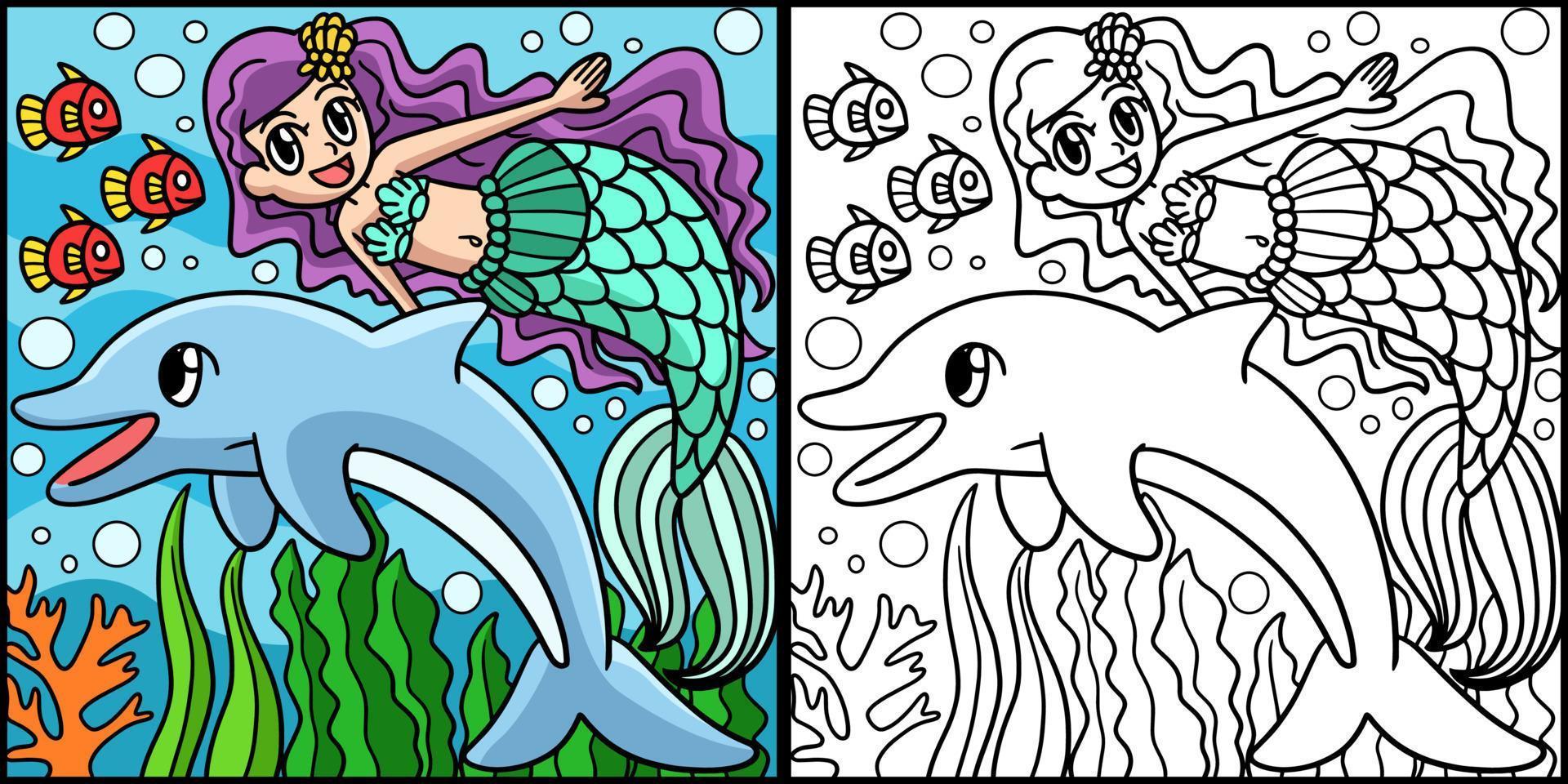 ilustración de color de sirena y delfín nadando vector