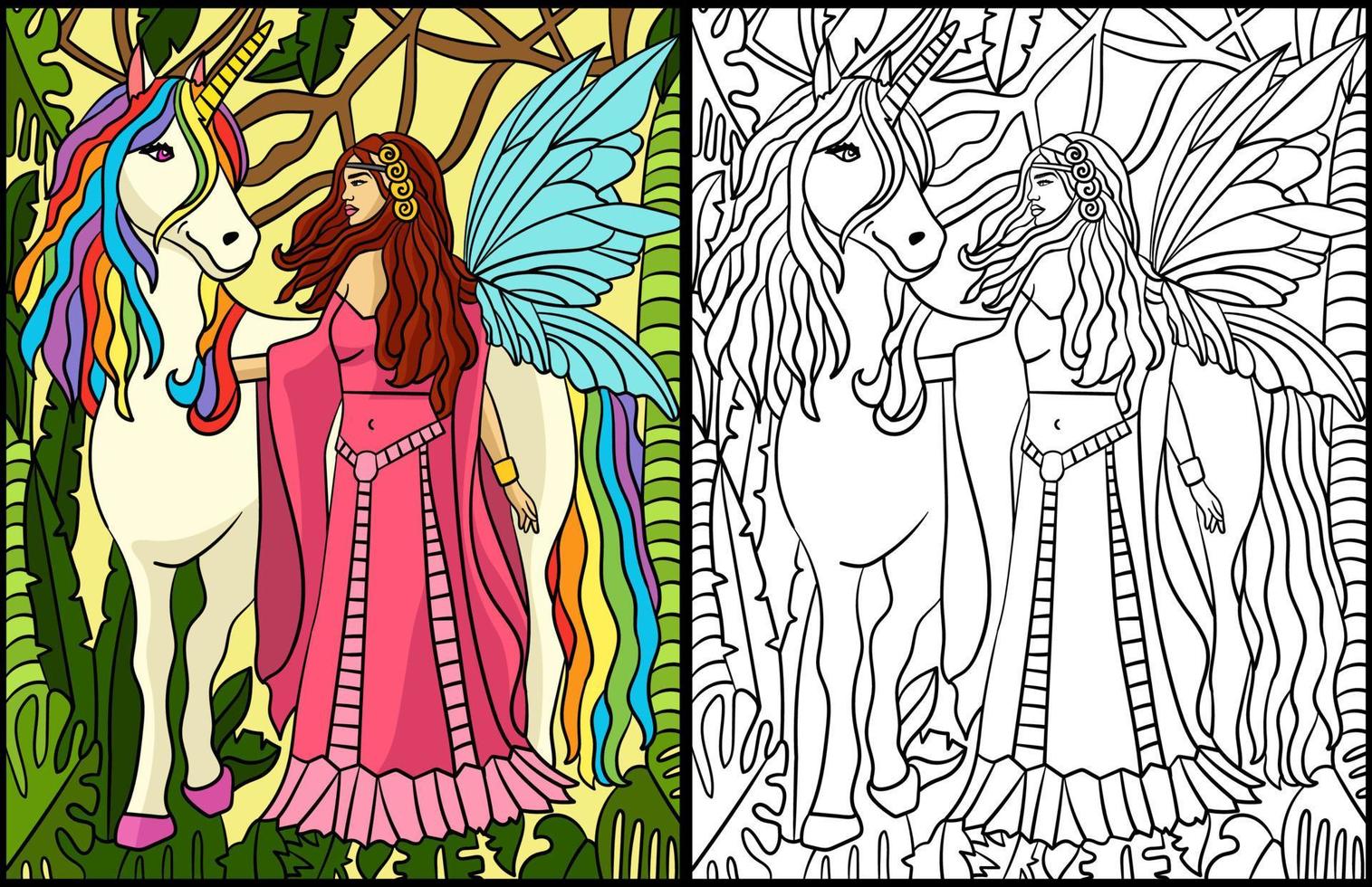 Walking Fairy And Unicorn Coloring Page Colored vector