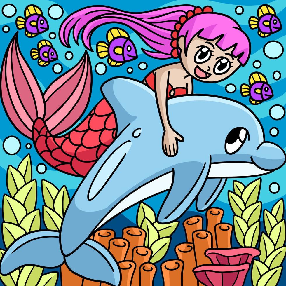 Mermaid Riding In A Dolphin Colored Cartoon vector