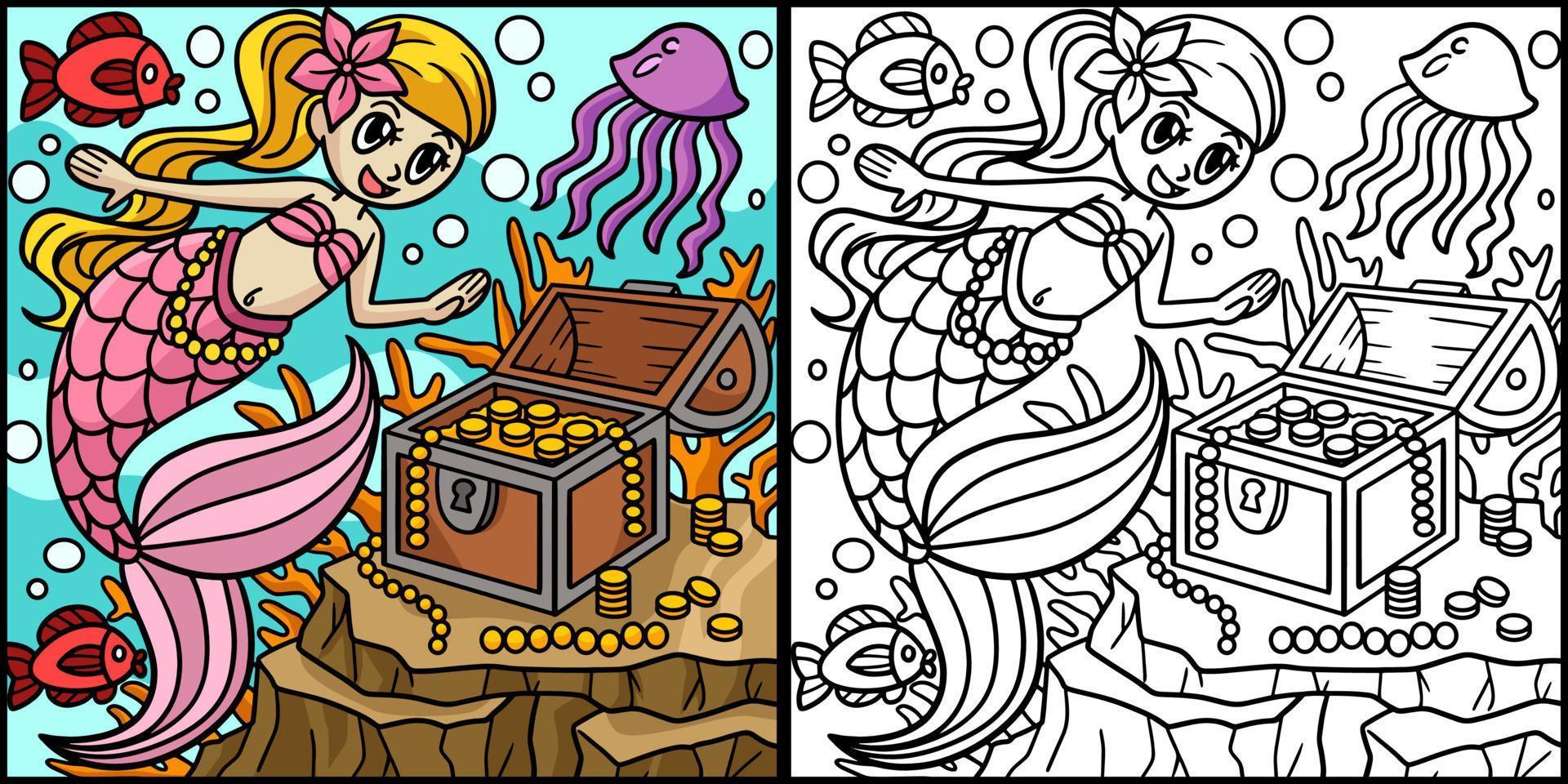 sirena con cofre del tesoro ilustración en color vector