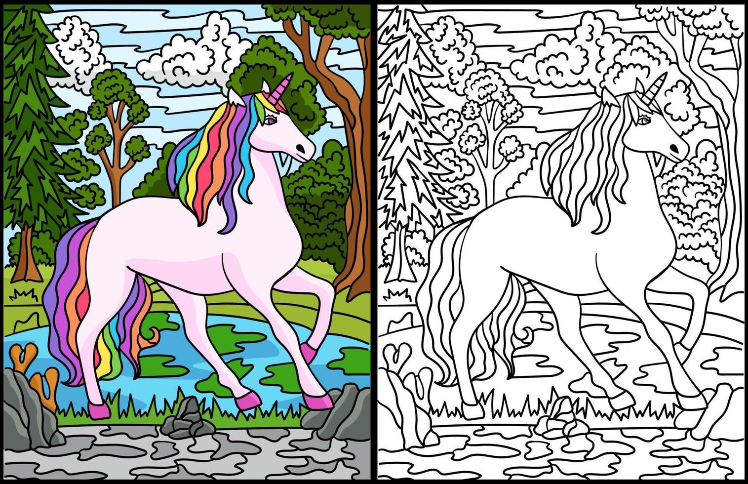 Unicorn In Forest Coloring Page for Adults Colored vector