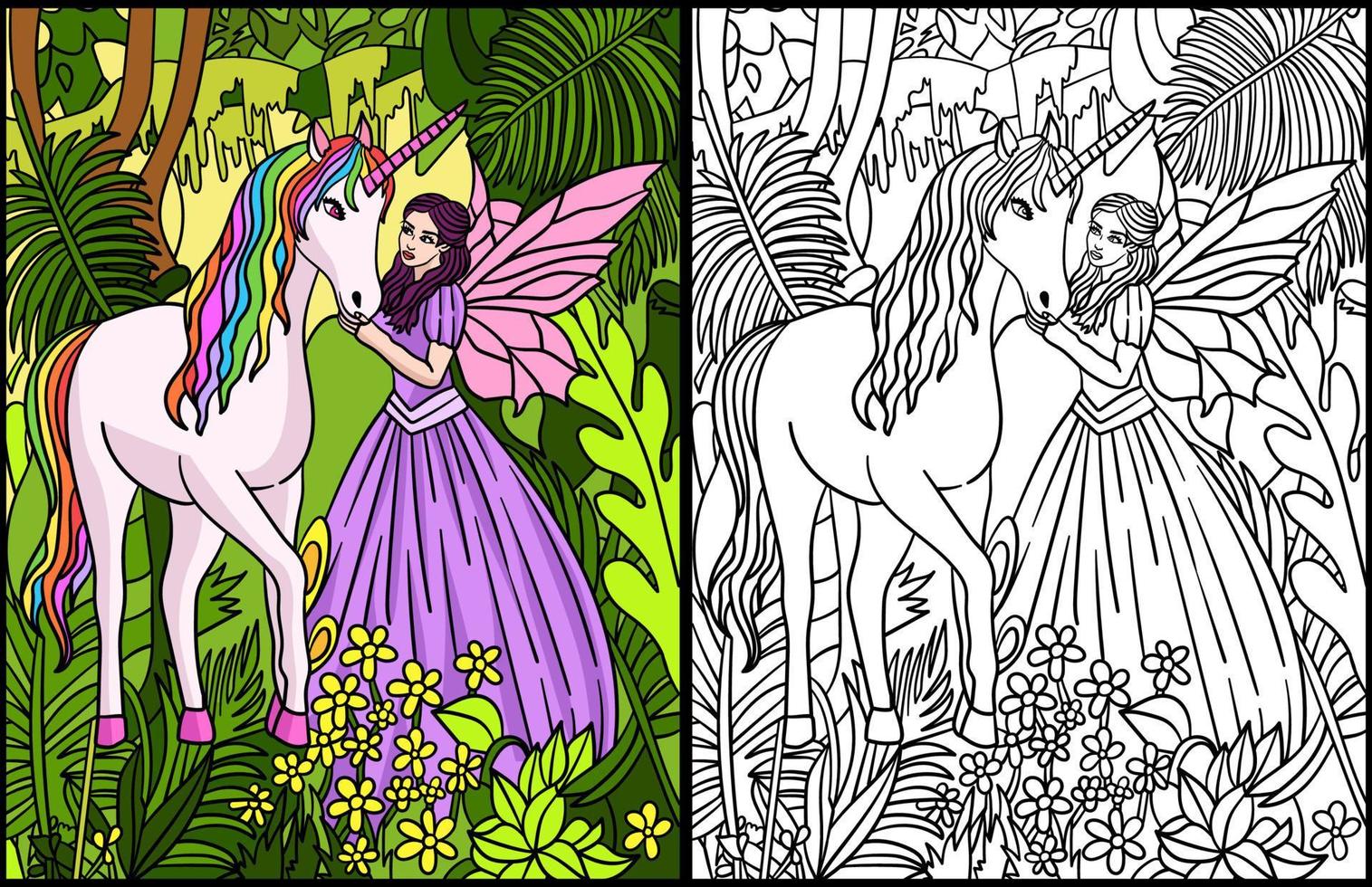 Fairy Petting Unicorn Coloring Page Colored vector