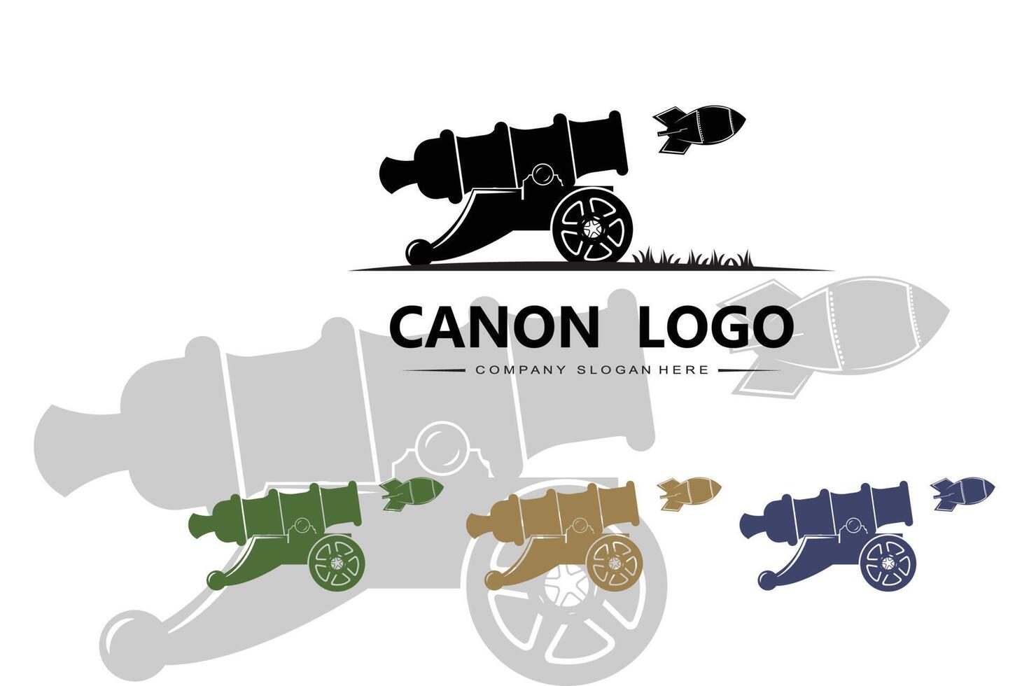 cannon logo vector icon, army war weapon, bomb, explosive device, royal guard, retro vintage