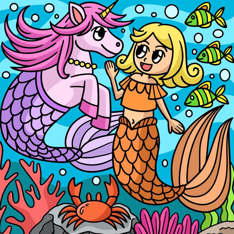 sirena charlando con dibujos animados de colores unicornio vector