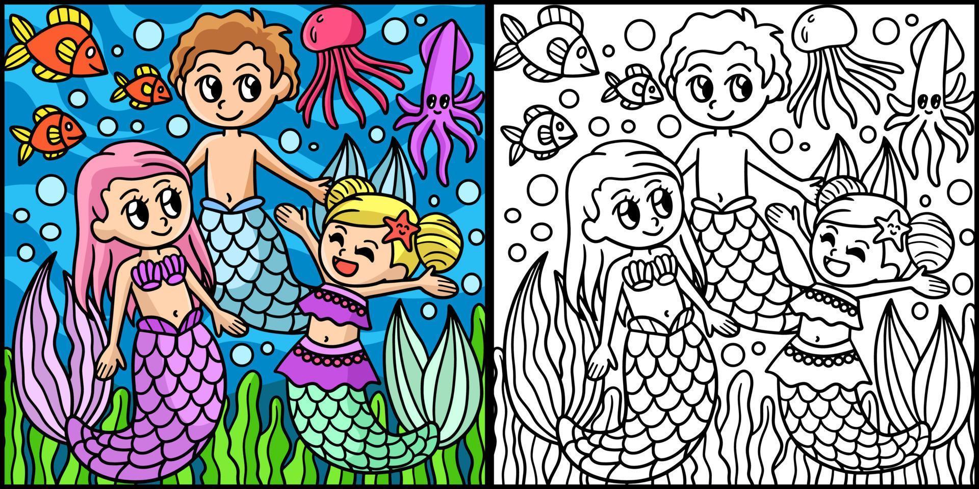Mermaid Family Coloring Page Colored Illustration vector