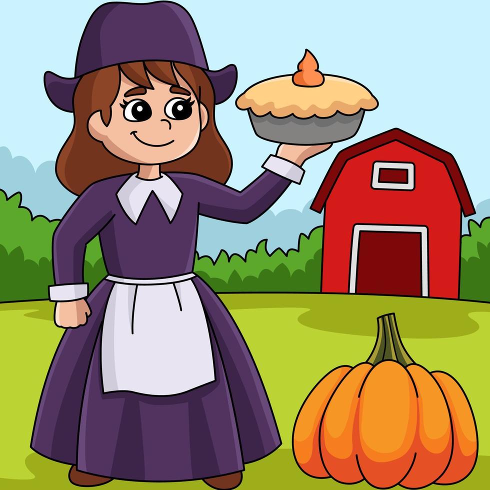 Thanksgiving Pilgrim Girl Cartoon Illustration vector