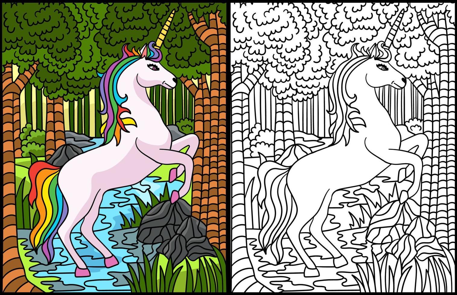 unicornio saltando en el bosque para colorear página coloreada vector