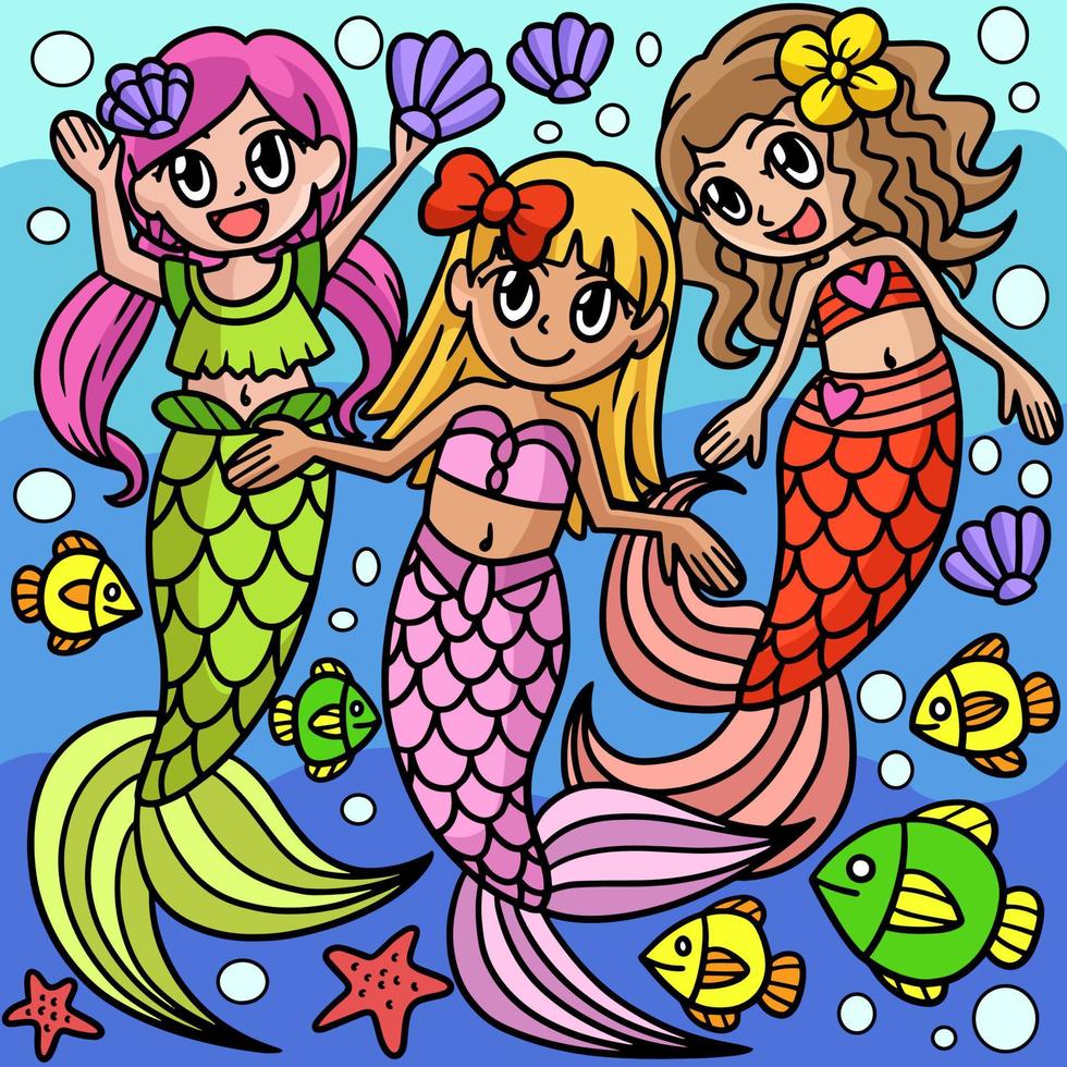 Mermaid With Friends Colored Cartoon Illustration vector