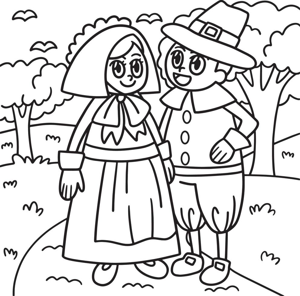 Thanksgiving Pilgrim Couple Coloring Page for Kids vector