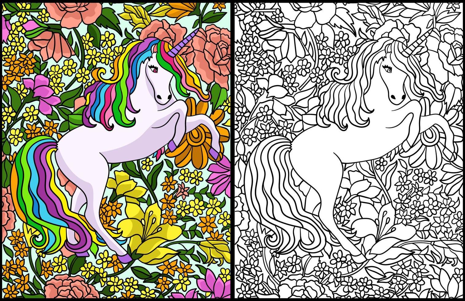 Unicorn Leaping In Forest Coloring Page Colored vector