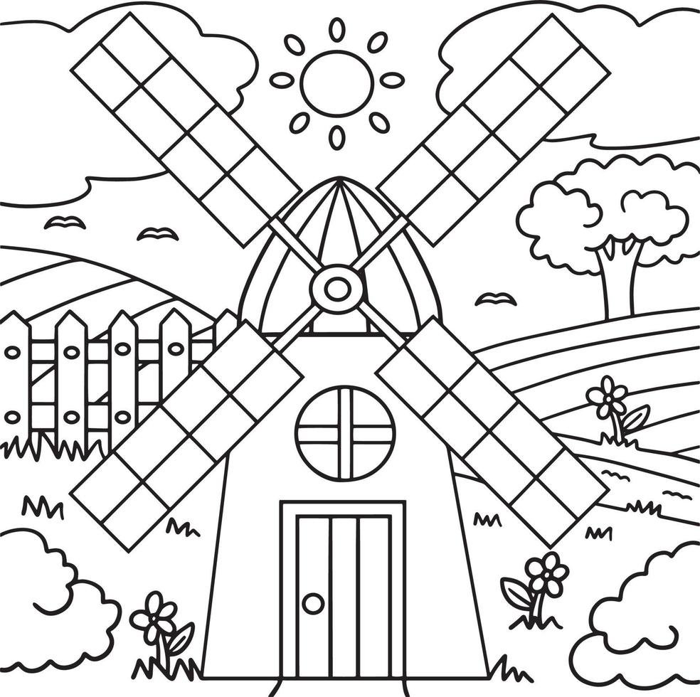 Windmill Coloring Page for Kids vector