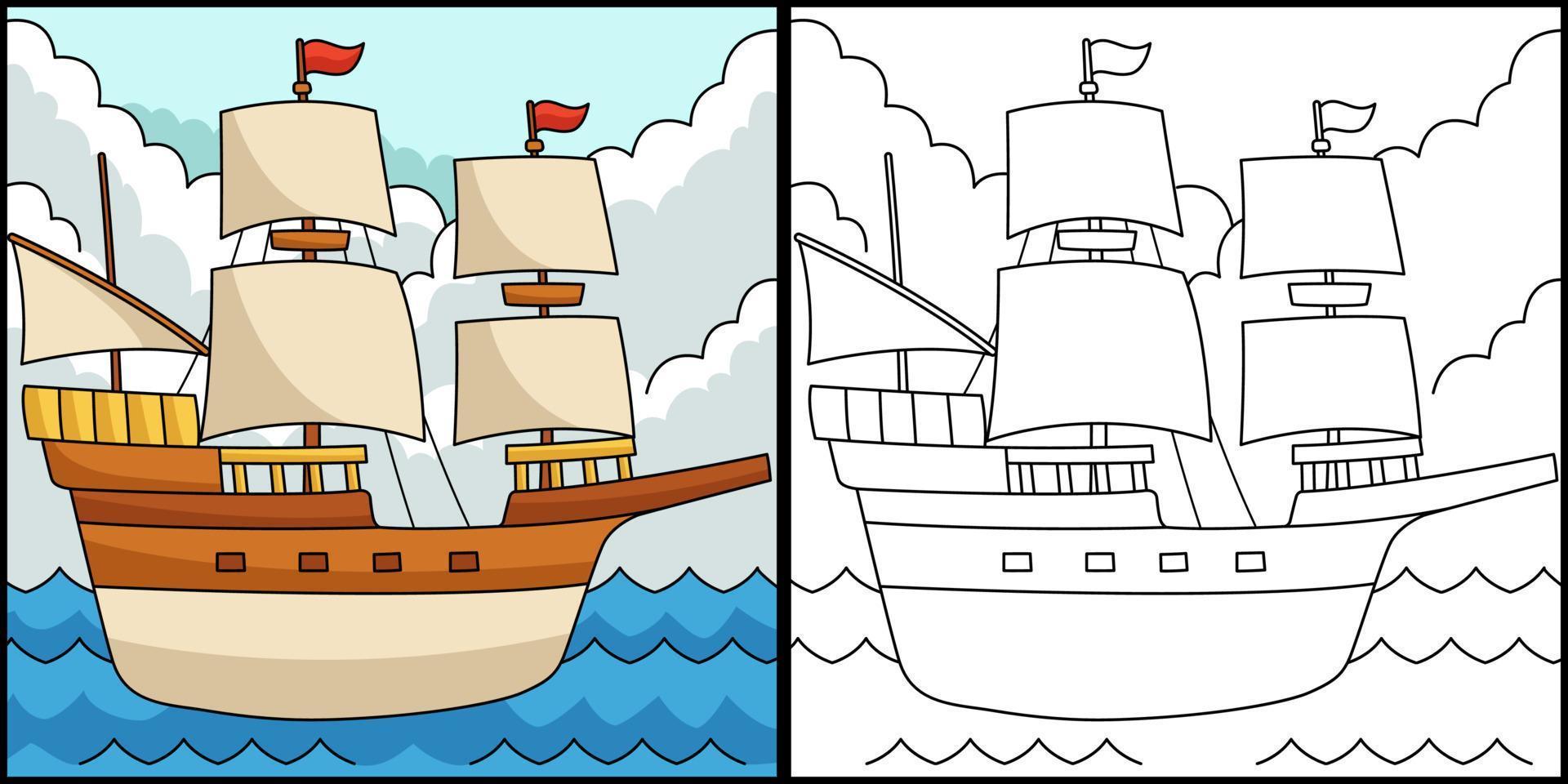 barco peregrino de acción de gracias para colorear ilustración vector