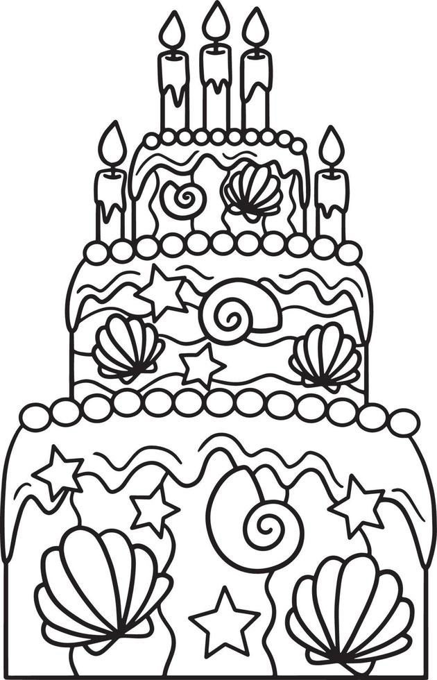 Mermaid Birthday Cake Isolated Coloring Page vector