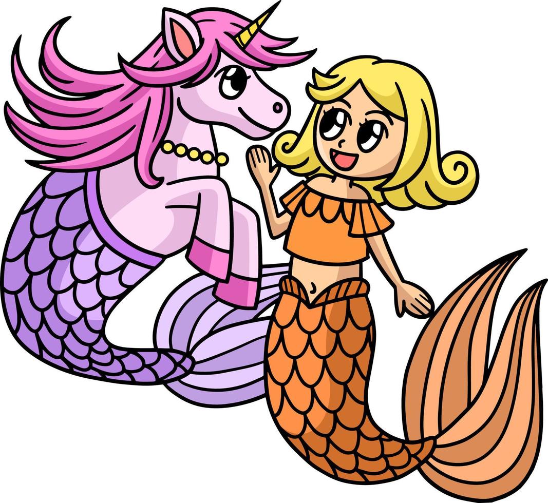 sirena charlando con unicornio dibujos animados clipart vector