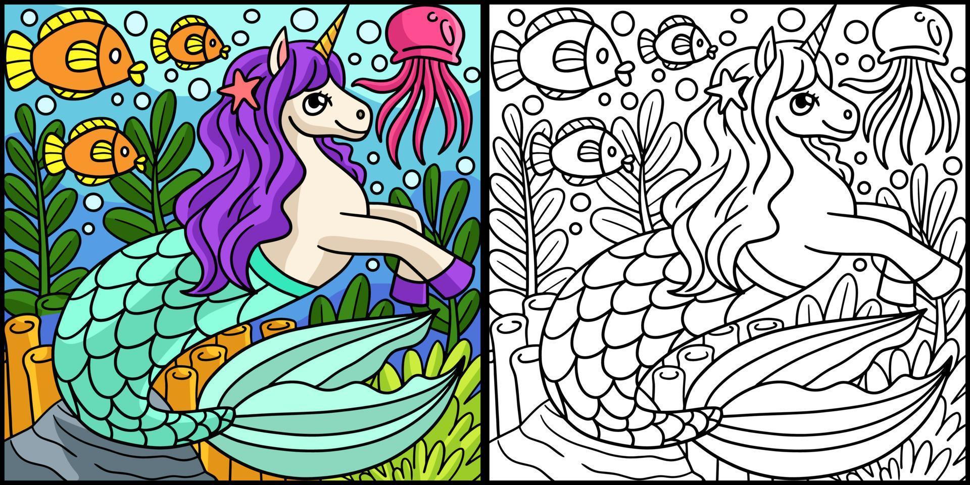 Mermaid Unicorn Coloring Page Colored Illustration vector