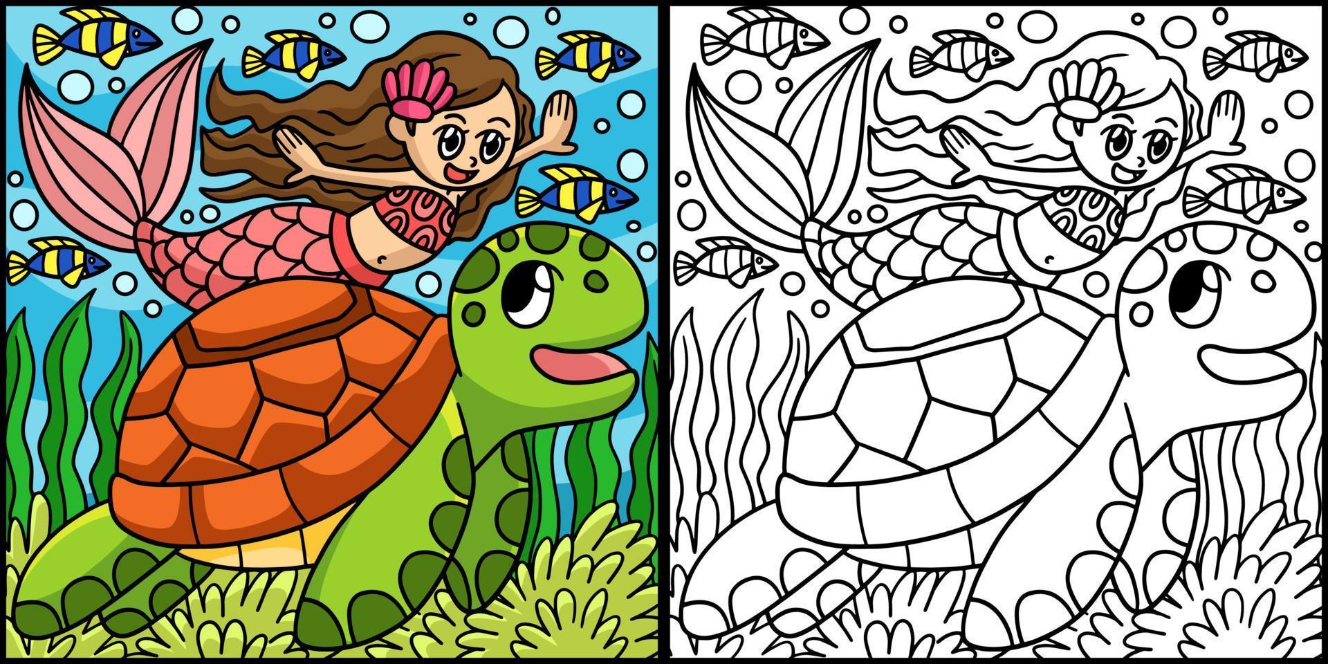 ilustración de página para colorear de sirena y tortuga vector