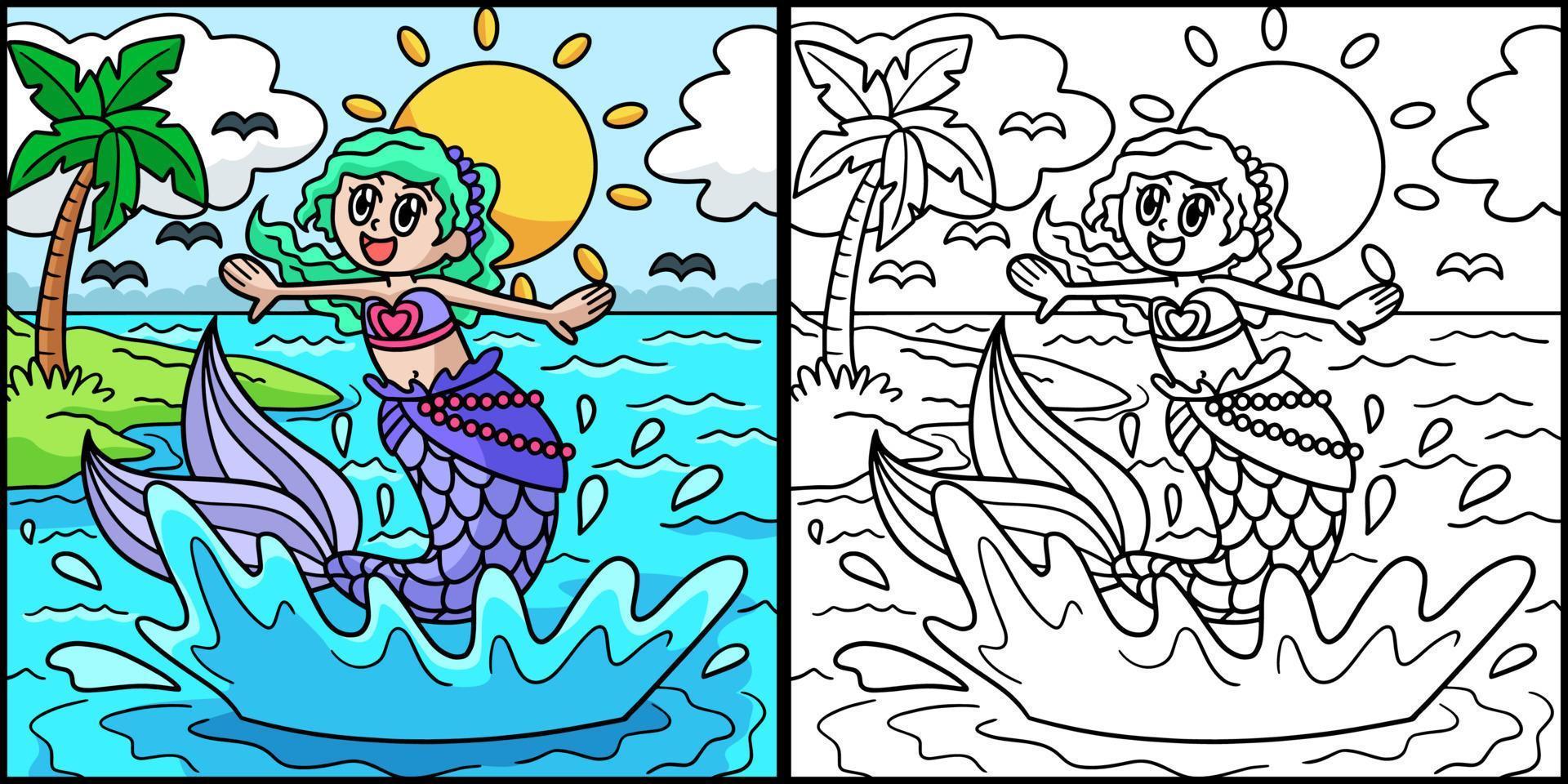 Jumping Mermaid Coloring Page Colored Illustration vector