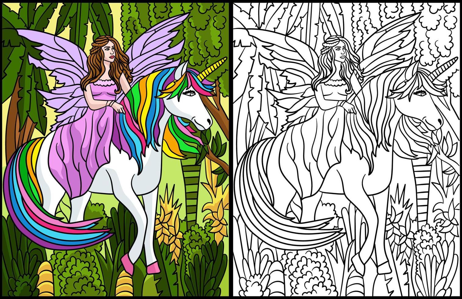 hada y unicornio para colorear para adultos coloreados vector