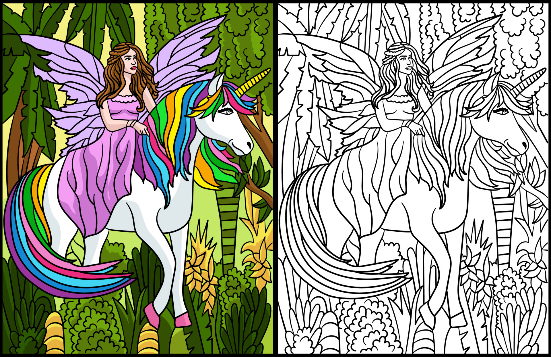 Fairy And Unicorn Coloring Page for Adults Colored 8209299 Vector Art