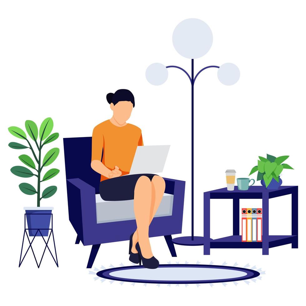 Home office design female freelancer character setting on modern chair sofa with laptop working with coffee file book vector