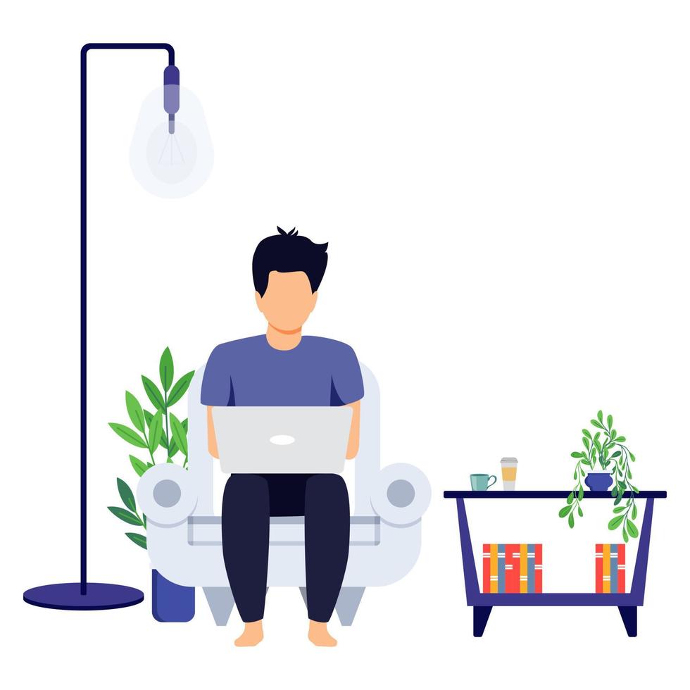 Home office design male freelancer character setting on modern chair sofa with laptop working with coffee vector