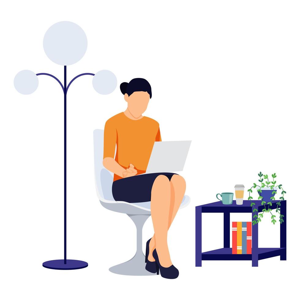 diseño de oficina en el hogar configuración de personaje independiente femenino en una silla moderna con un portátil que trabaja con una lámpara de café aislada vector