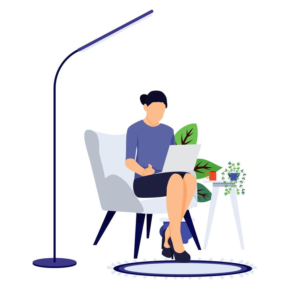 Home office design female freelancer character setting on modern chair with laptop notebook working with coffee isolated vector