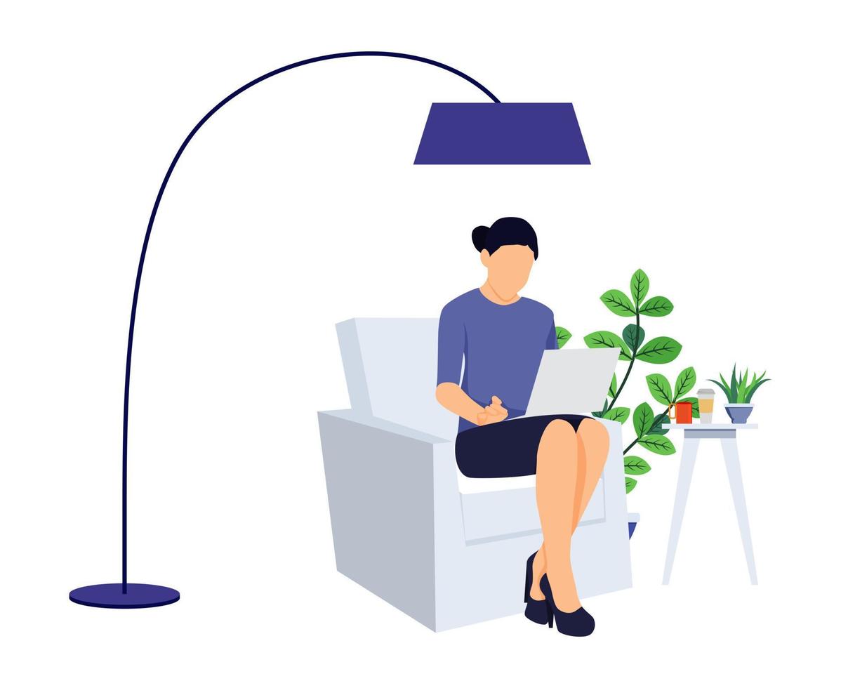 Home office design female freelancer character setting on modern chair sofa with laptop working vector