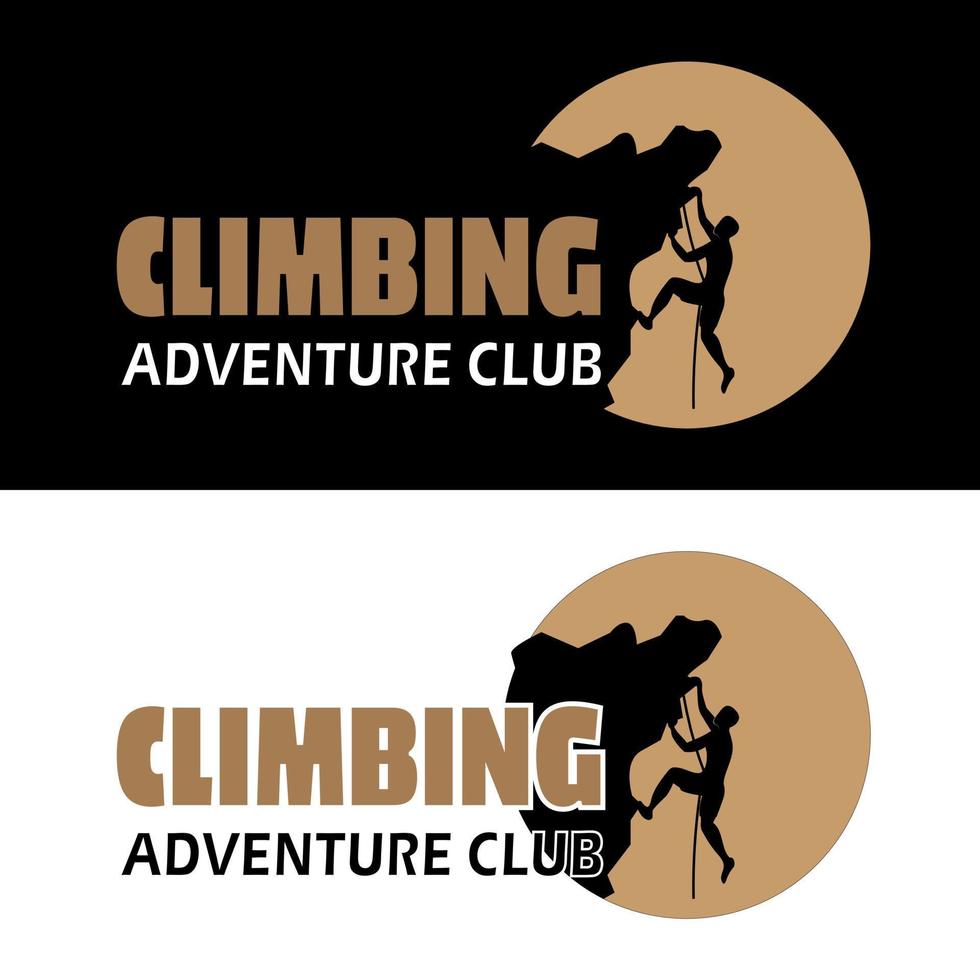 A man climb the peak of rock mountain silhouette for adventure and climbing gear shop logo design vector